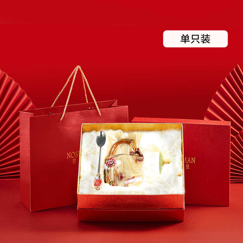 诺诗曼泡茶水杯个性创意耐热玻璃杯子女带盖勺办公家用珐琅彩水杯