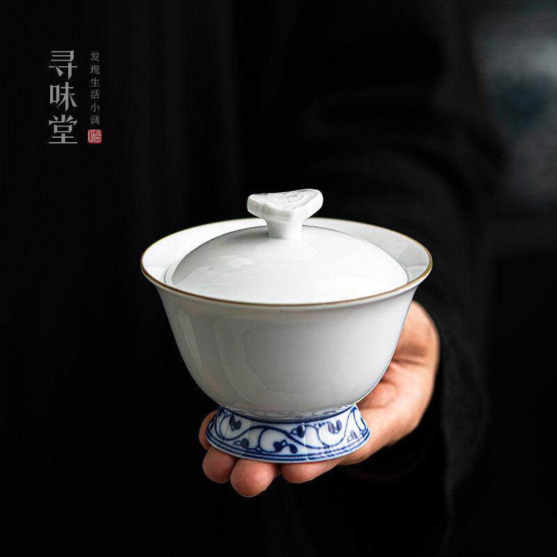 青花瓷如意二才盖碗|高足茶碗家用中式大号单个陶瓷泡茶功夫茶具