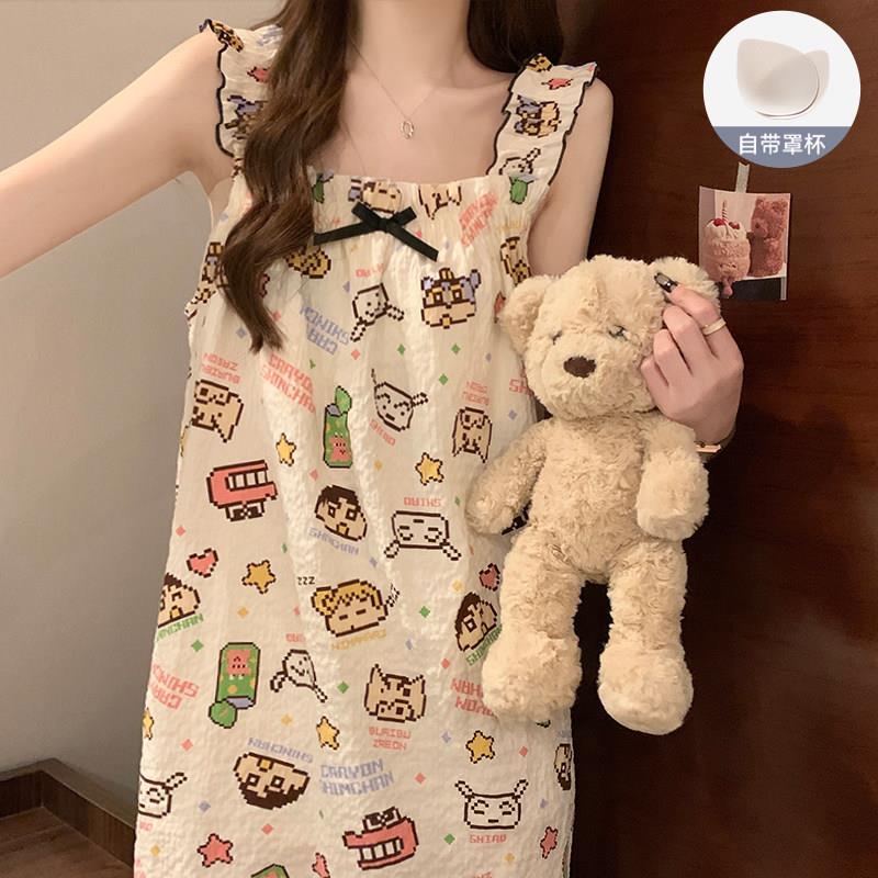 带胸垫夏日吊带睡裙女夏季薄款日系可爱睡衣洋装大尺码孕妇居家服