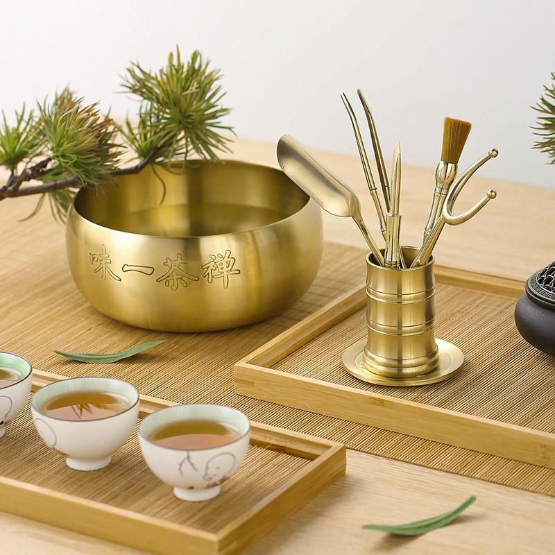 I9EK功夫茶具配件黄铜茶道六君子套装大全茶具六君子泡茶工具茶夹