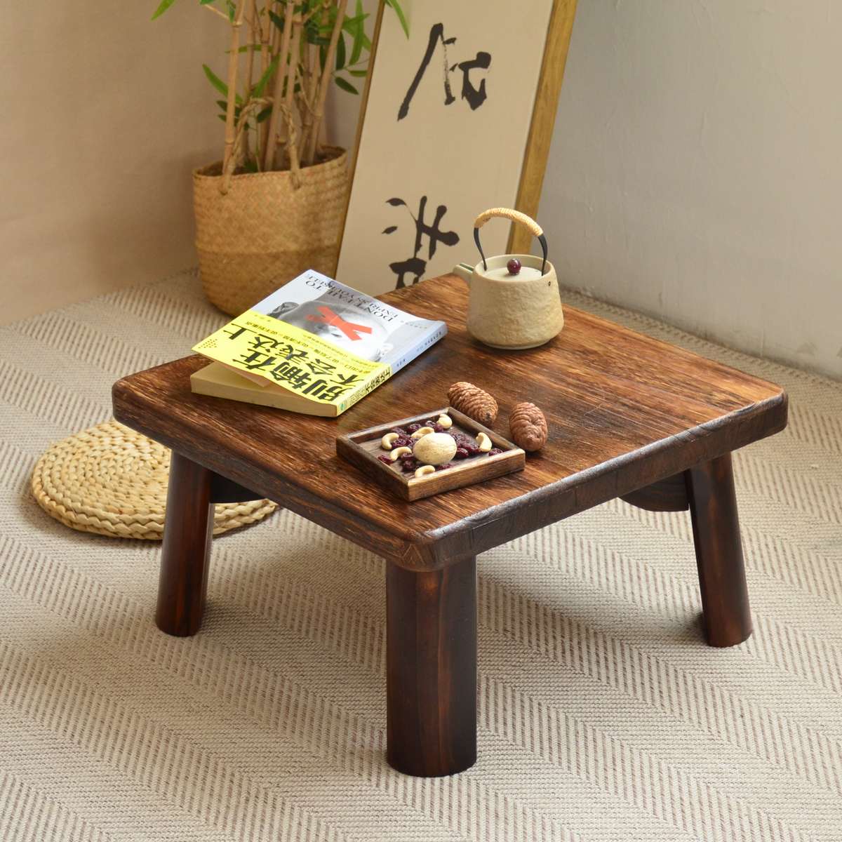 实木喝茶小方桌榻榻米茶几中式复古飘窗几家用阳台坐地小茶台坑几