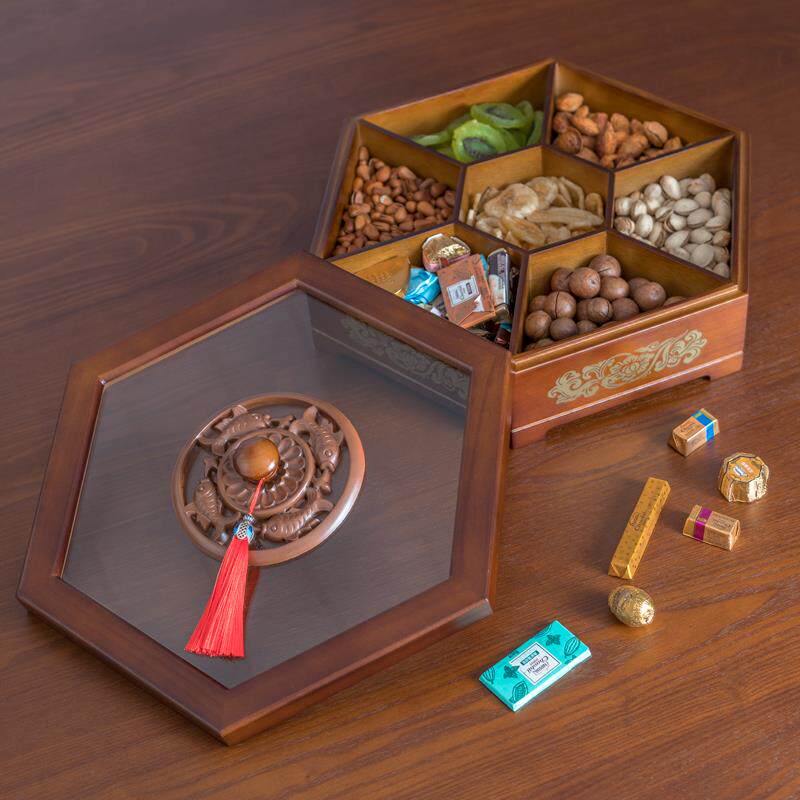 谋实木坚果盘客厅QJN生干收纳盒喜糖结婚子果瓜盒木质分果格带盖