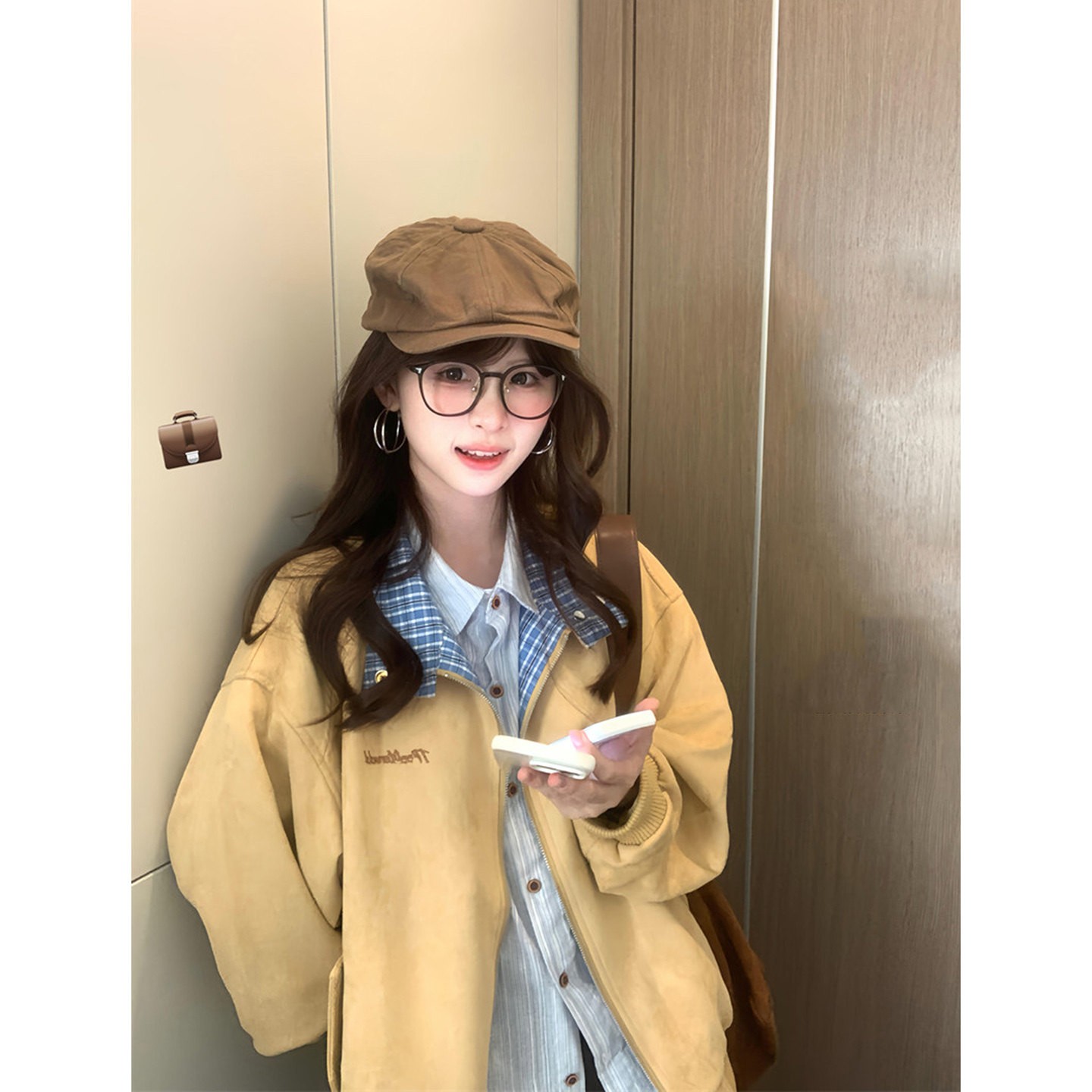 美式复古黄色麂皮绒格子字母翻领外套女秋季宽松设计感夹克棒球服