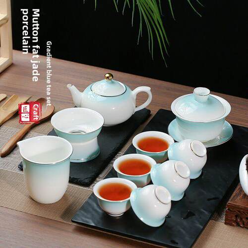 新型羊脂玉茶制茶碗梯度釉白瓷功夫茶具三彩盖碗单大杯茶杯竹帽杯