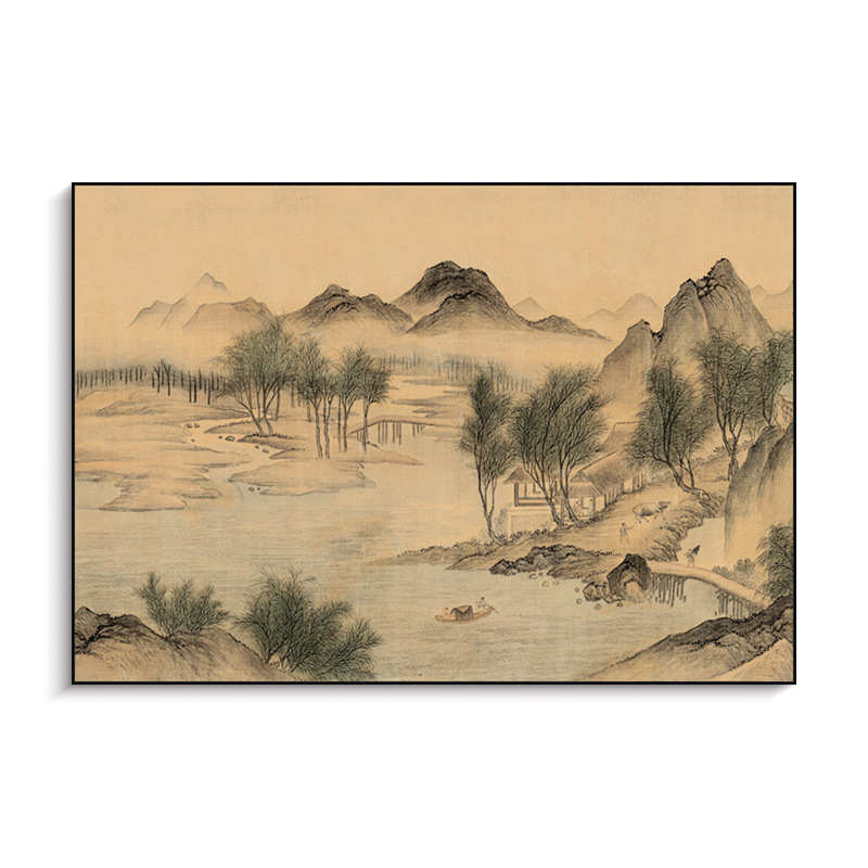 山挂画背景玄关暖装饰画卧室国风中春客厅山水古风图湖沙发壁画