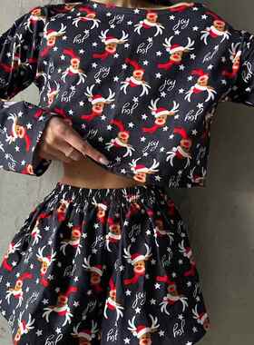 Set Two-Piece Shorts Top Sleeve Long Reindeer Christmas Set