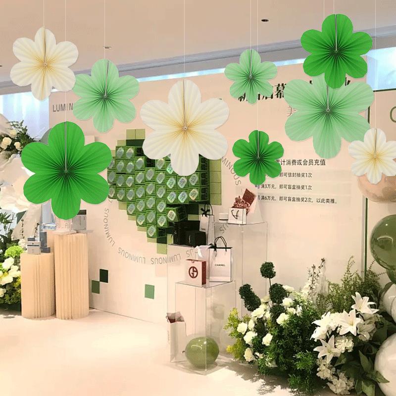 春天装饰绿色花朵纸扇花幼儿园商场店铺生日派对氛围布置屋顶吊饰