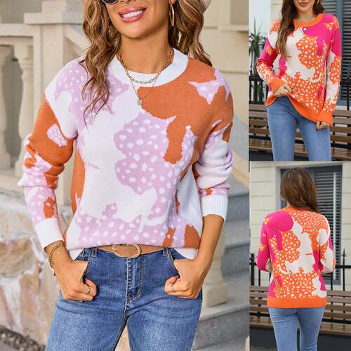 Women's pullover round neck colorful long sleeved sweater,