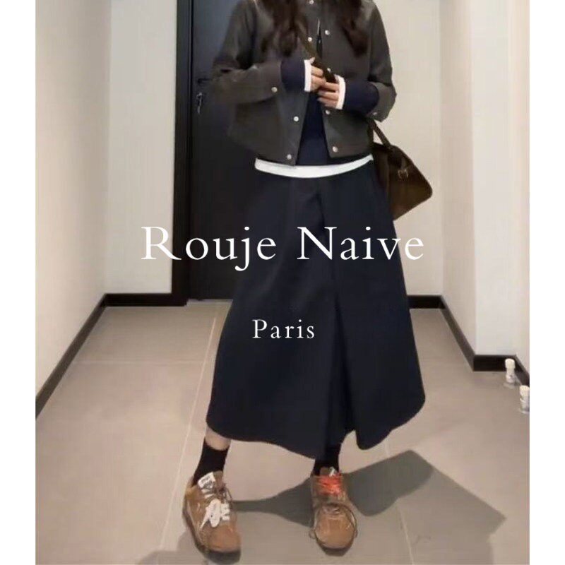Rouje Naive藏青色a字半身裙新款高腰工装裙梨形身材遮胯中长裙