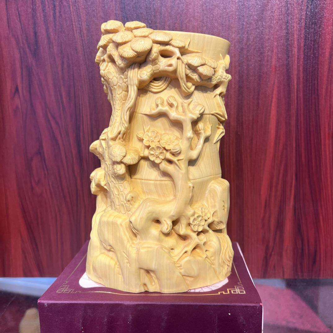 厂家直供黄杨木雕刻节节高笔筒居家办公桌面摆饰文房四宝木雕笔筒