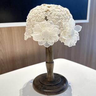 日系优雅花朵套头帽子女士手工钩织镂空包头帽春夏天百搭贴0325e1