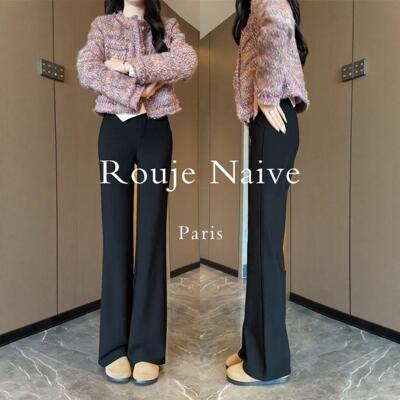Rouje Naive黑色西装裤春季2026新款小个子垂感高腰直筒微喇裤子