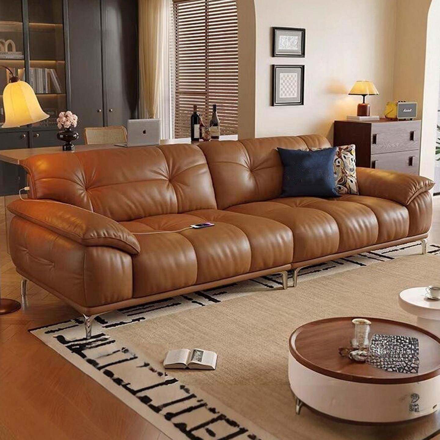 中古风客厅实木沙发复古头层牛皮2026新款小户型直排云朵真皮沙发