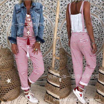Women's striped overalls, long pants, jumpsuit
