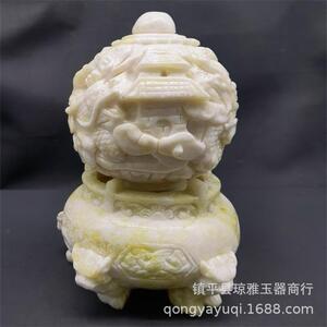 厂家直供天然米黄玉雕刻招财九龙乾坤鼎时来运转办桌面客厅摆饰