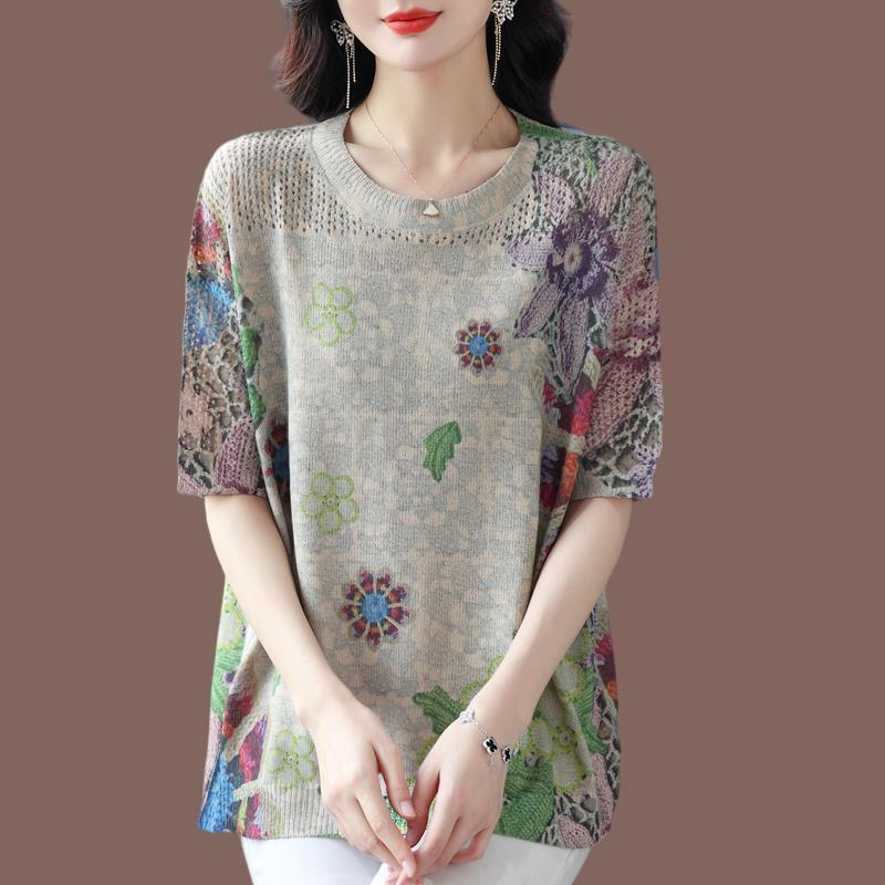 胖mm加大码桑蚕丝T恤女宽松时尚洋派针织冰丝印花妈妈装薄款遮肚