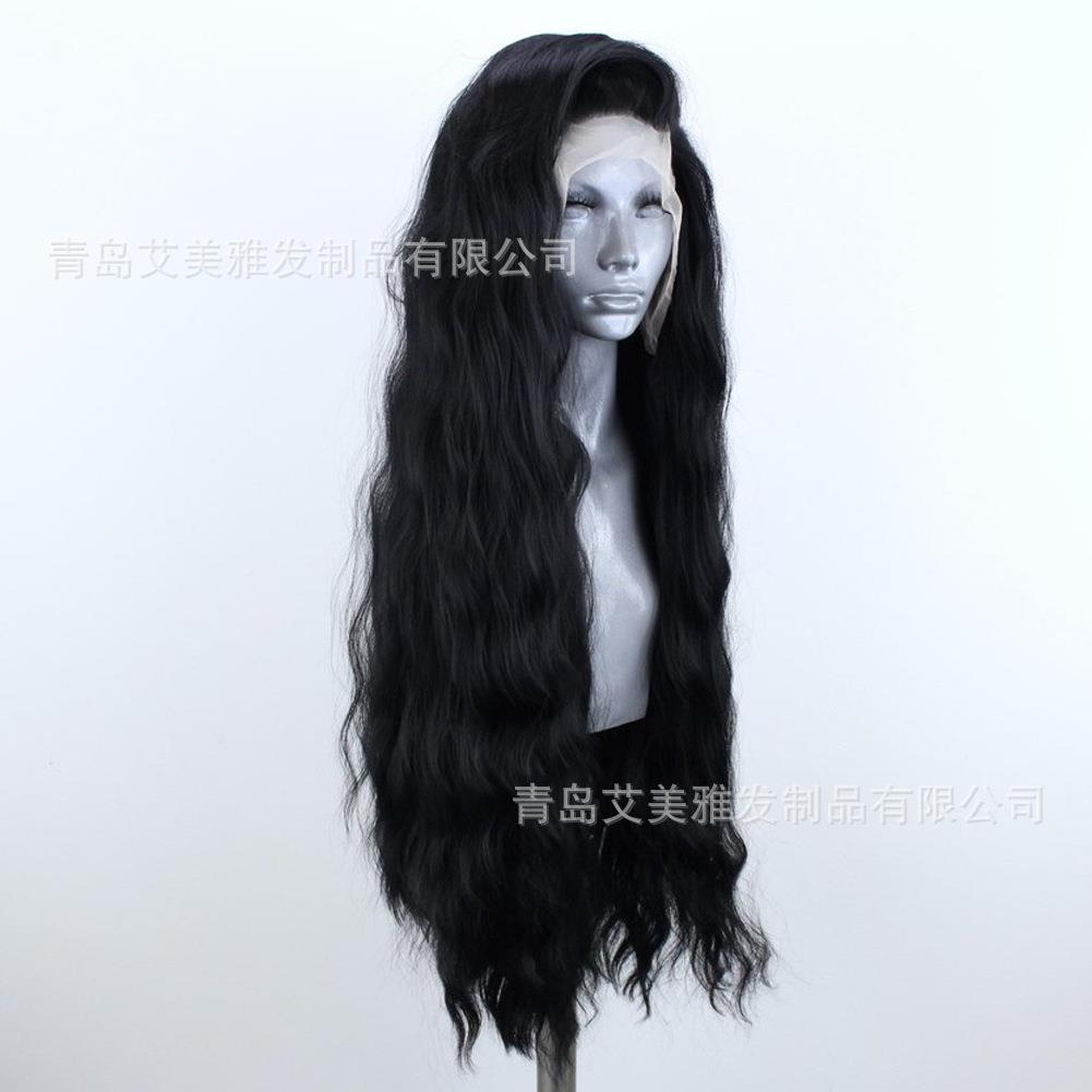 新款直销欧美女士外贸畅卖前蕾丝化纤发假发黑色蓬松长卷发头套头
