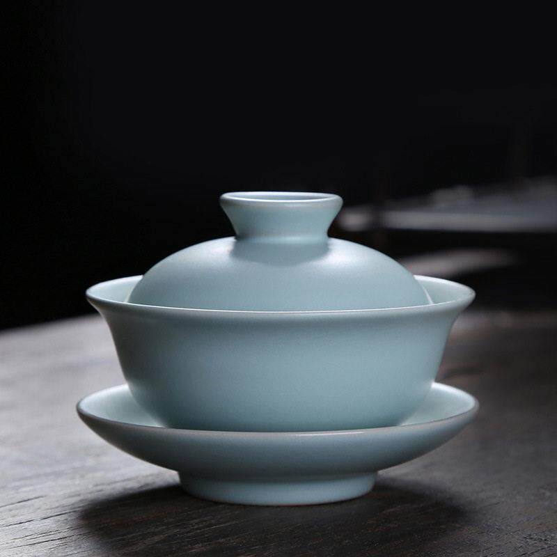 汝窑盖碗茶具开片可养天青色茶碗手工家用复古功夫三才盖碗泡茶杯