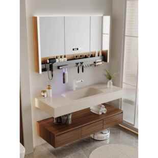 中古风胡桃木双层岩板热弯一体盆浴室柜组合卫生间洗手洗脸洗漱台