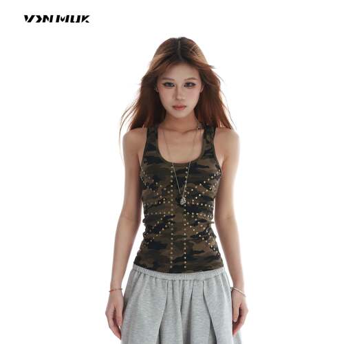 VINMUK美式设计感迷彩十字铆钉工字背心女外穿修身辣妹吊带上衣夏
