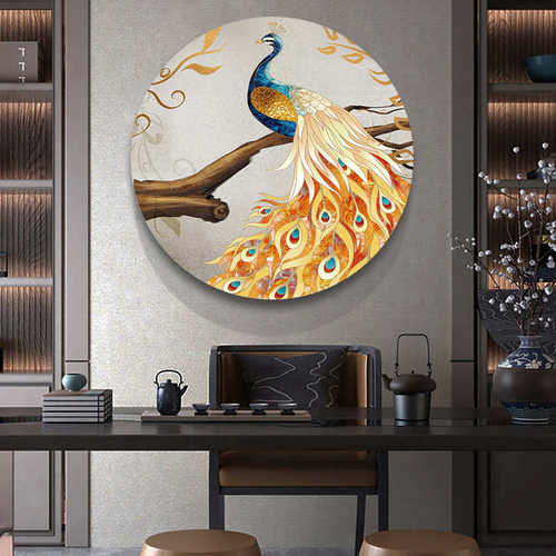 孔雀玄关灯装饰画挂画圆形餐厅画背景墙现代晶led寓意客厅瓷画