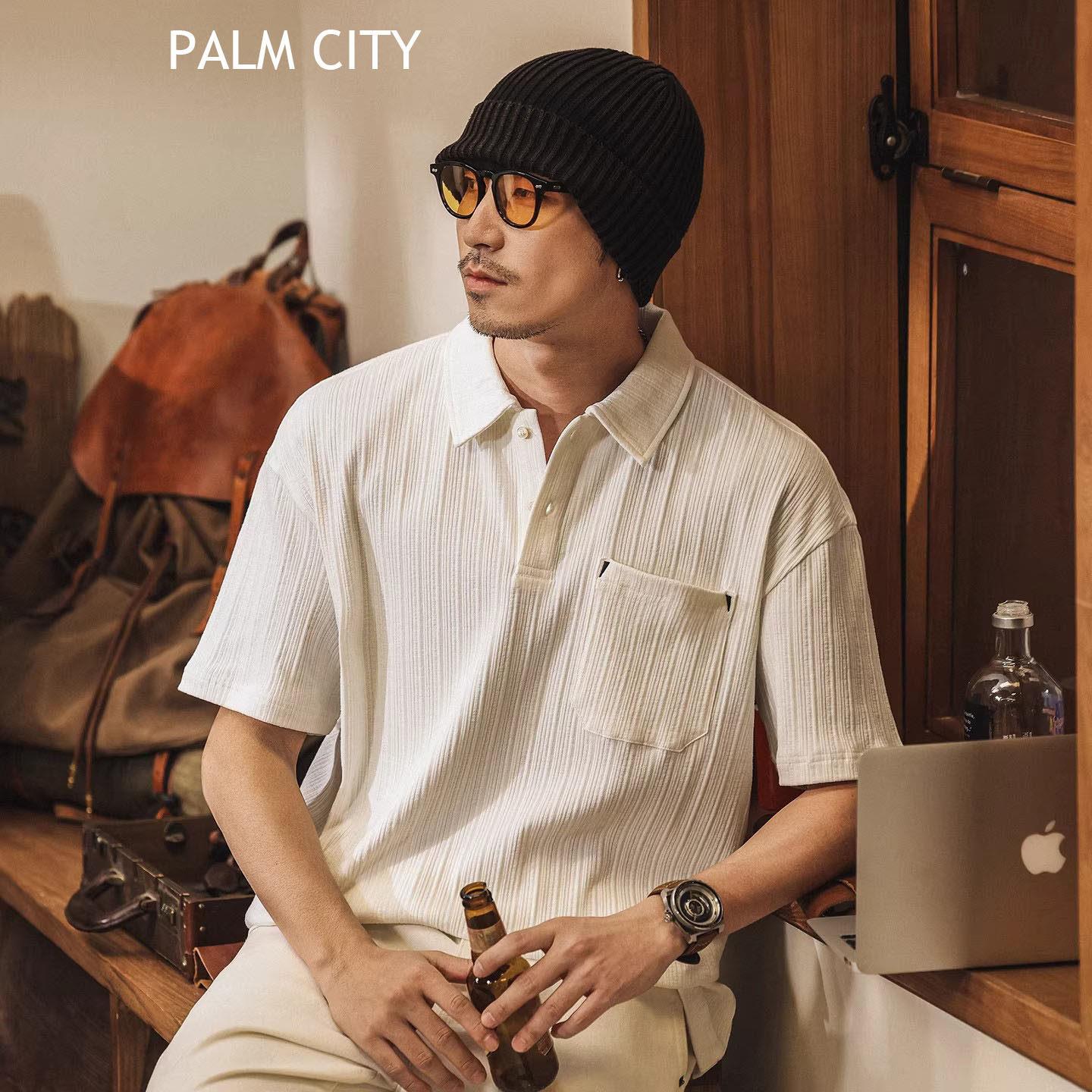 palm city美式复古莫瑞老钱风Polo衫男士t恤短袖夏季宽松亨利衫男