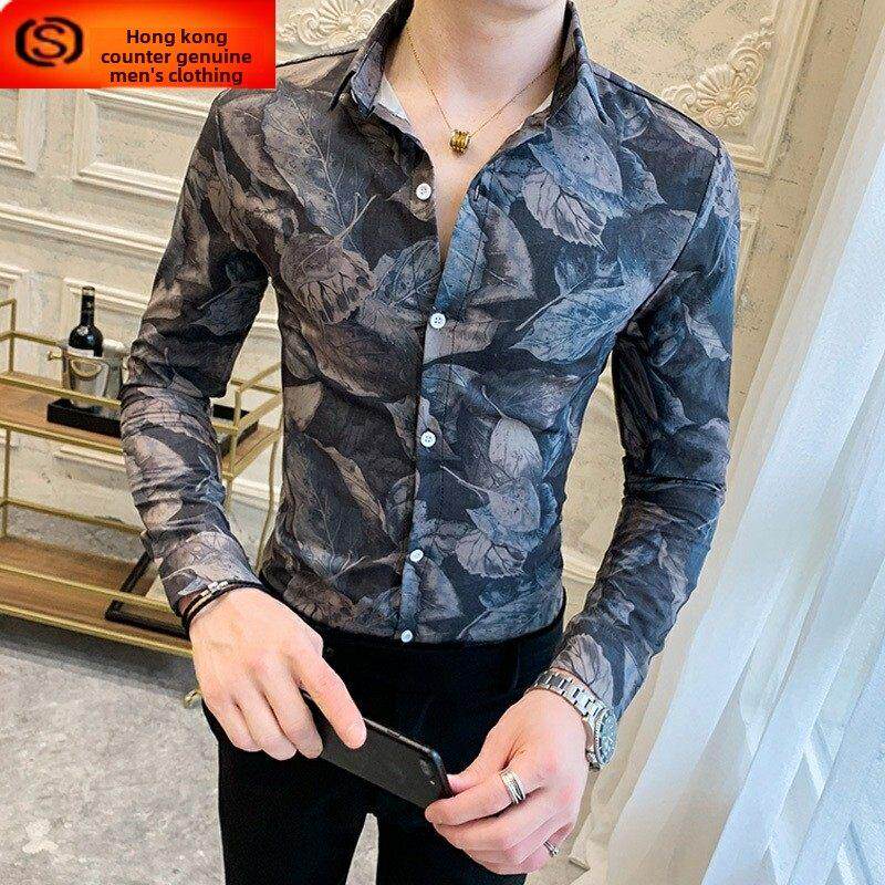 长袖衬衫男春秋季2025新款薄款休闲高端印花高级感纯棉男士衬衣