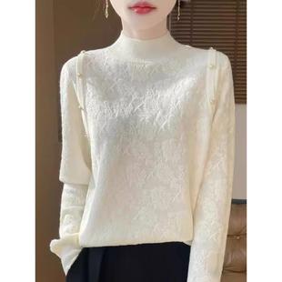 新1219e 套头毛衣2025秋冬女装 长袖 高领蕾丝提花纯色打底针织衫