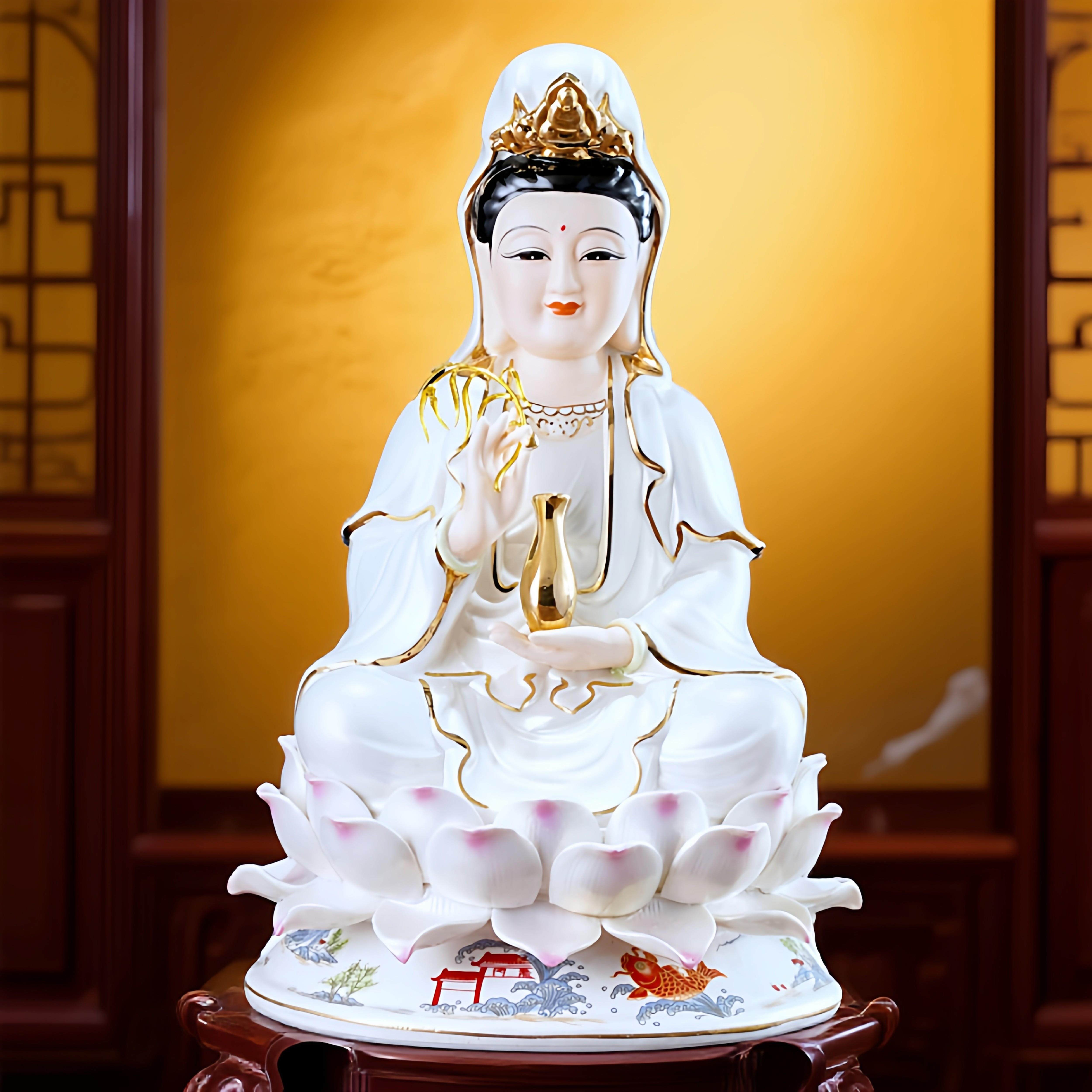 陶瓷南海白玉扶瓶坐莲观音像菩萨观音佛像观世音家用家居摆饰