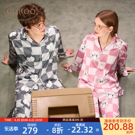 Gukoo/果壳情侣睡衣玛丽猫冰丝睡衣女春秋款翻领男士家居服套装C