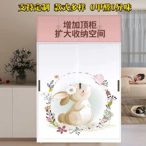 家用钢制铁皮印花衣柜简易卧室推拉门带锁儿童衣橱阳台收纳储物柜