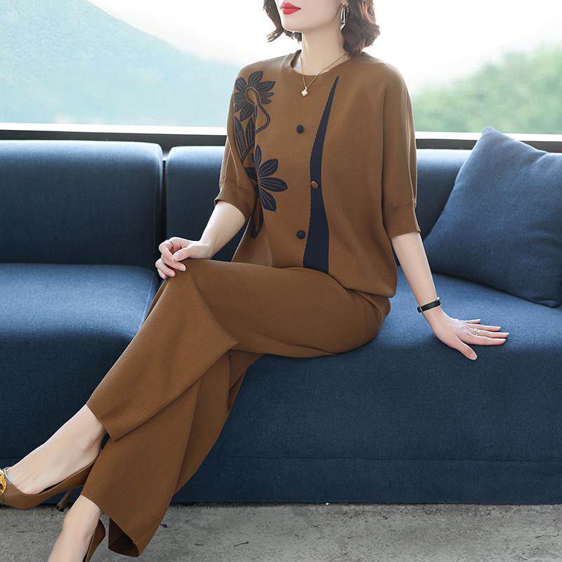 中年妈妈秋装真丝气质套装2025新款洋派中老年女装春秋针织两件套