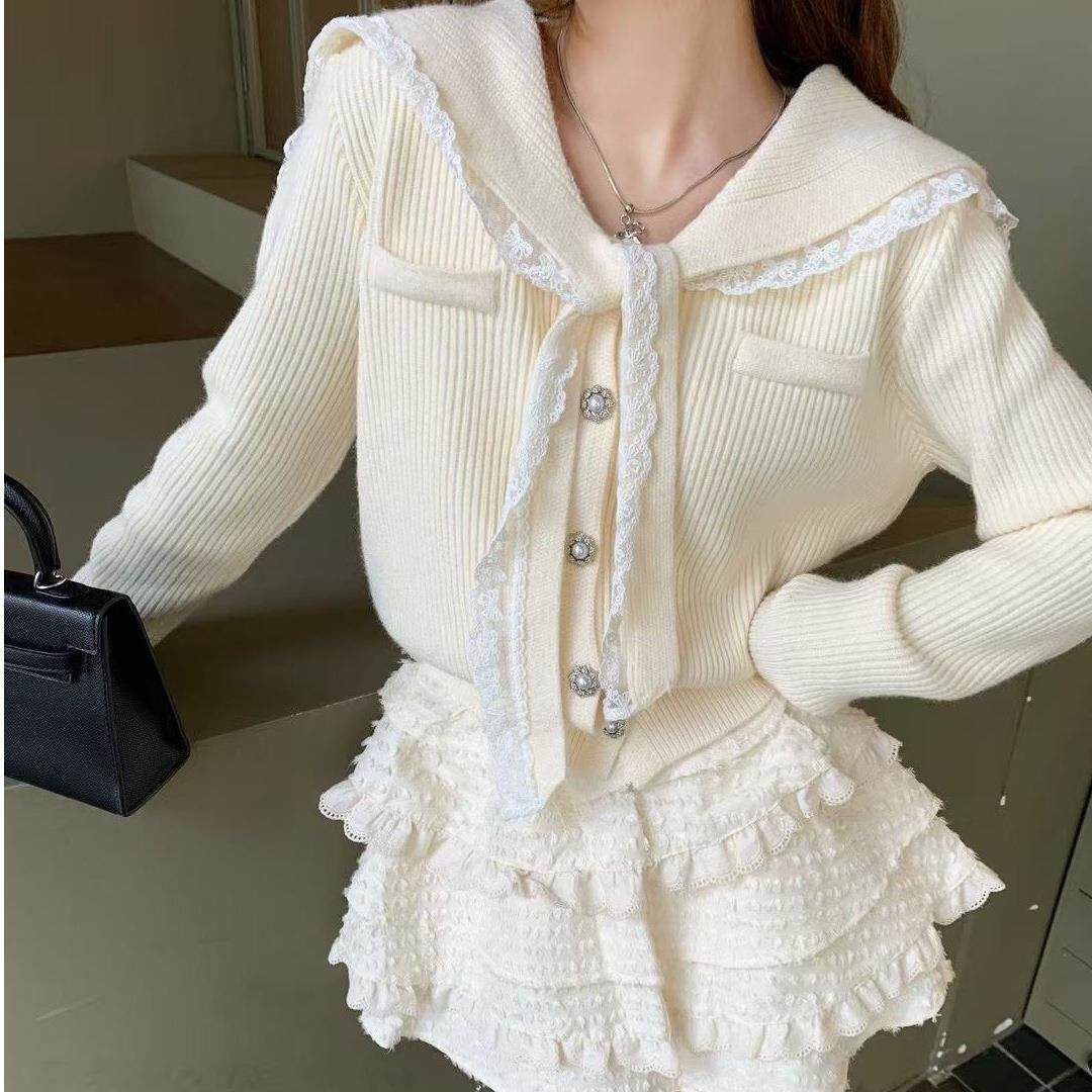 秋冬新款韩系学院风蕾丝蝴蝶结海军领纯色针织开衫女上衣显瘦