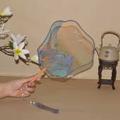 中国风千里江山半透明丝印团扇中式 古风跳舞扇古典舞扇子搭配汉服