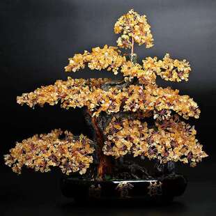 纯天然黄水晶摇钱发财树黑底超大酒柜办公室招财摆件饰品装饰现代