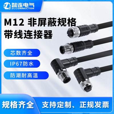 M12注塑成型 非屏蔽式 2/4/5/8/12/17芯单头连接线束 1米 2米 3米