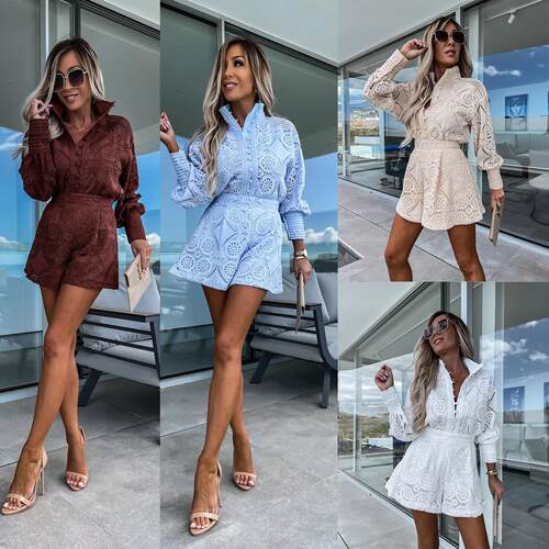 Single stand collar lace shorts long sleeved set