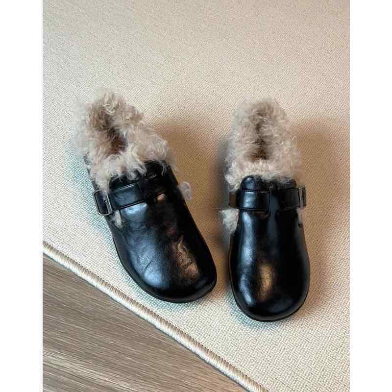 羊毛版~真皮复古勃肯鞋女冬防滑外穿加绒保暖通勤保暖毛毛鞋单鞋