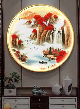 新中式鸿运当头圆形玄关装饰画带灯茶室壁画餐厅背景墙面发光挂画