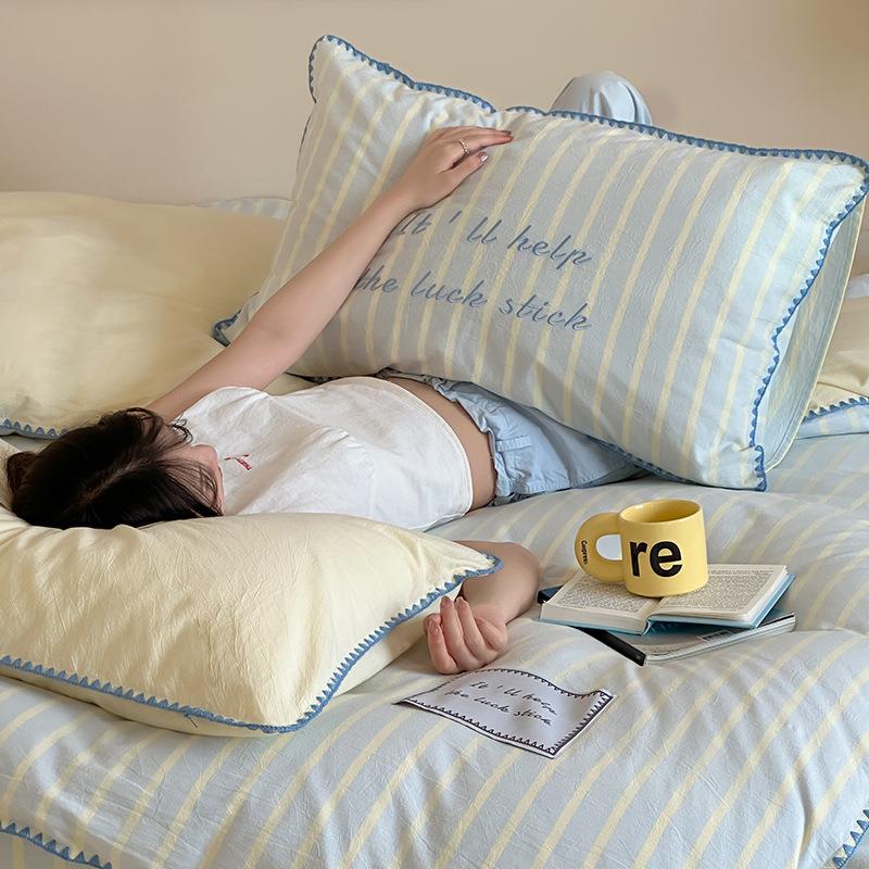 A类全棉水洗棉四季款条纹少女心简约亲肤柔软纯棉四件套床单被套