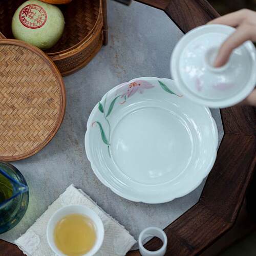 束刻景德镇玉泥手绘百合壶盘壶承釉下彩干泡盘茶承壶托壶盘小茶盘