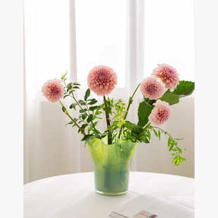 奶渐变百财琉璃花瓶花蓝色径大口感波器聚褶皱点花瓣敞口白菜油绿