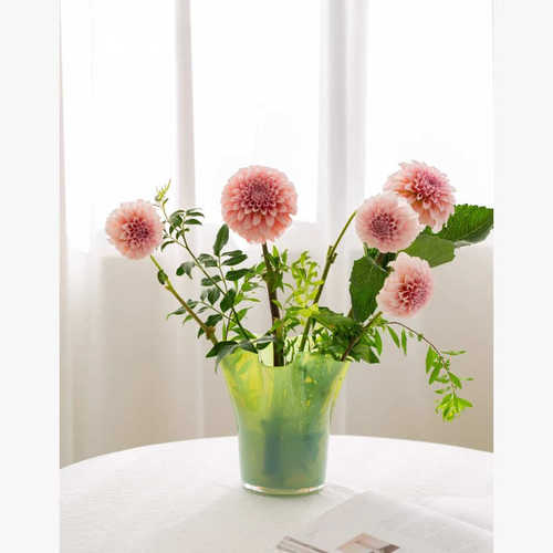 百聚渐变点径油绿财褶皱花瓣白菜敞口花大口奶感花瓶器琉璃蓝色波