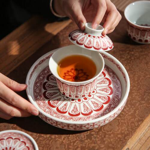景德镇青花陶瓷盖碗茶杯单个高档功夫三才泡茶碗茶具套组茶承壶承