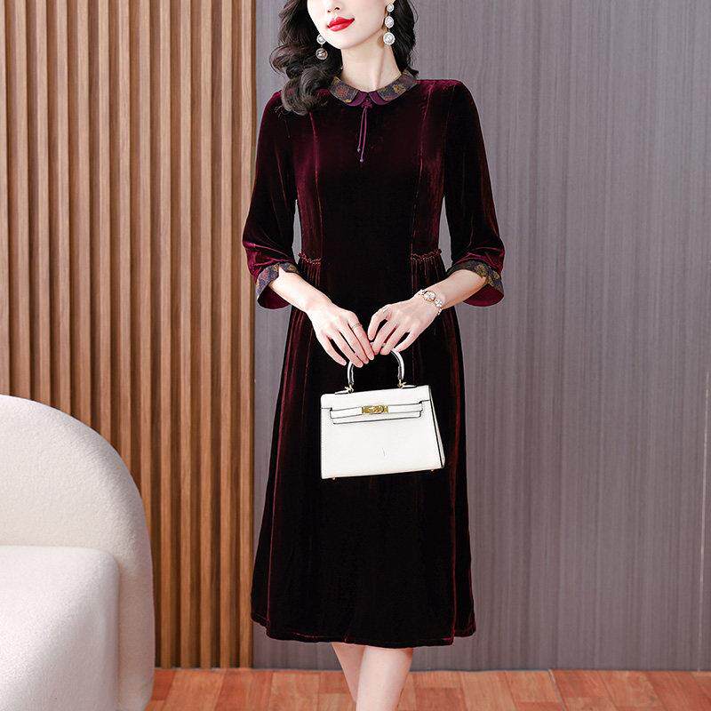 秋季贵高喜婆婆妈妈婚宴装礼服高端小个子真丝丝绒连衣裙收腰显瘦