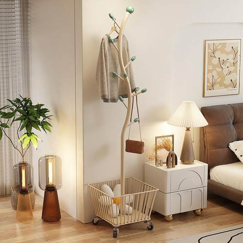 奶油风落地衣帽架卧室落地挂衣架可移动带轮转角床边收纳篮脏衣篓