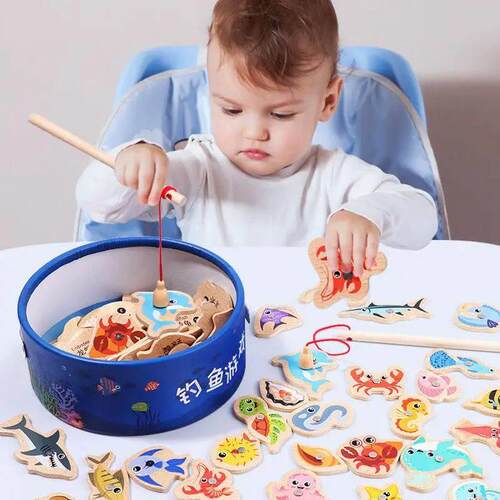 Montessori Wooden Magnetic Fishing Toys Marine Life Cognitio