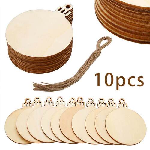 10Pcs Merry Christmas Wooden Round Baubles Tags Christmas