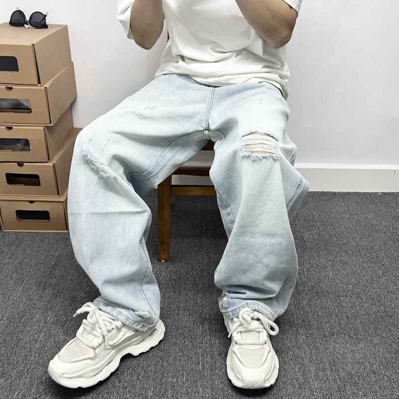 美式休闲浅色破洞牛仔裤男痞帅潮流百搭宽松大码微垮直筒阔腿长裤