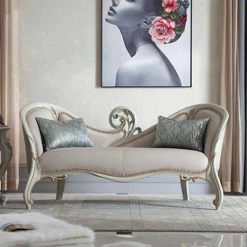 法式奢华皮艺贵妃椅美人榻卧室简约欧式实木雕花躺椅单人沙发